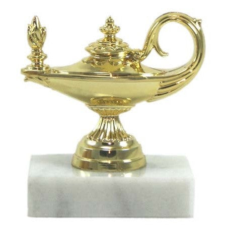 Gold trophy shaped like an oil lamp on a white marble base.