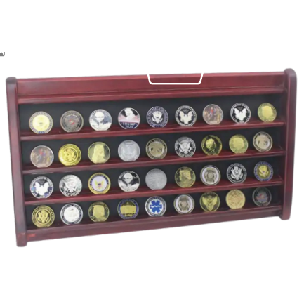 Cherry-finished wooden display case designed to showcase a collection of coins.