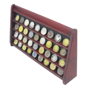 Cherry-finished wooden display case designed to showcase a collection of coins.