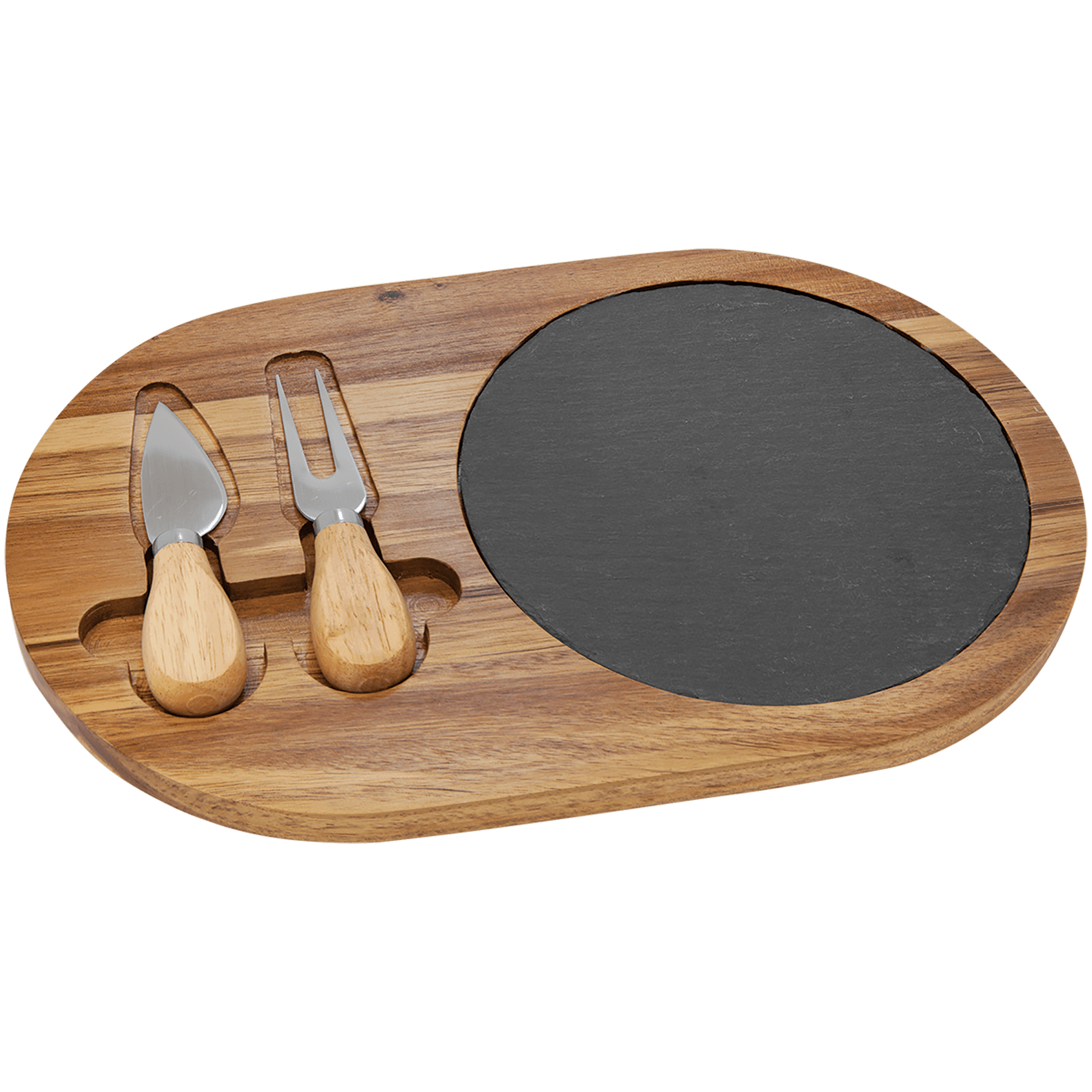 Personalized wooden cheese board featuring a slate section and accompanied by two cheese tools.