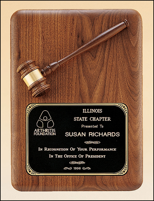 Custom American Walnut Plaque Award with Antique Wooden Gavel