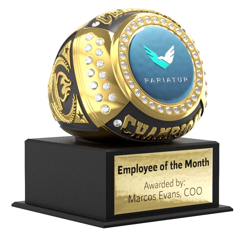 Employee of the Month Gold Ring Award on black base