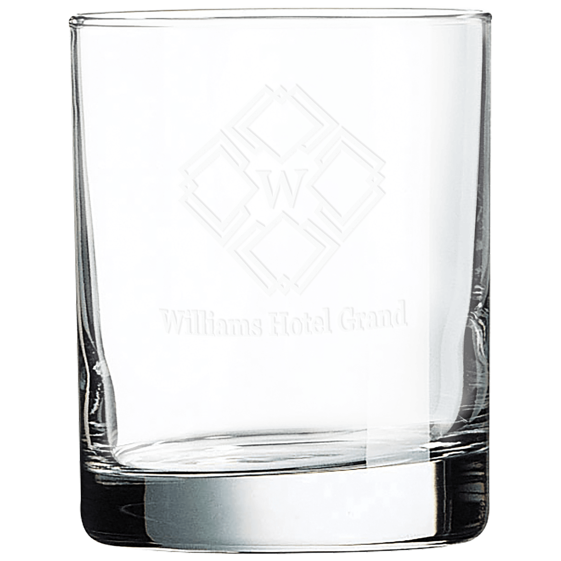 Clear whiskey glass with an engraved design featuring custom logo and text, perfect for elegant serving.