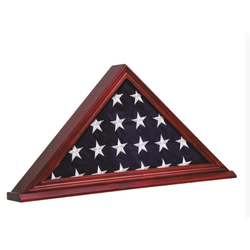 Triangular wooden flag display case with a rich cherry finish, containing a folded American flag showing the blue field with white stars.