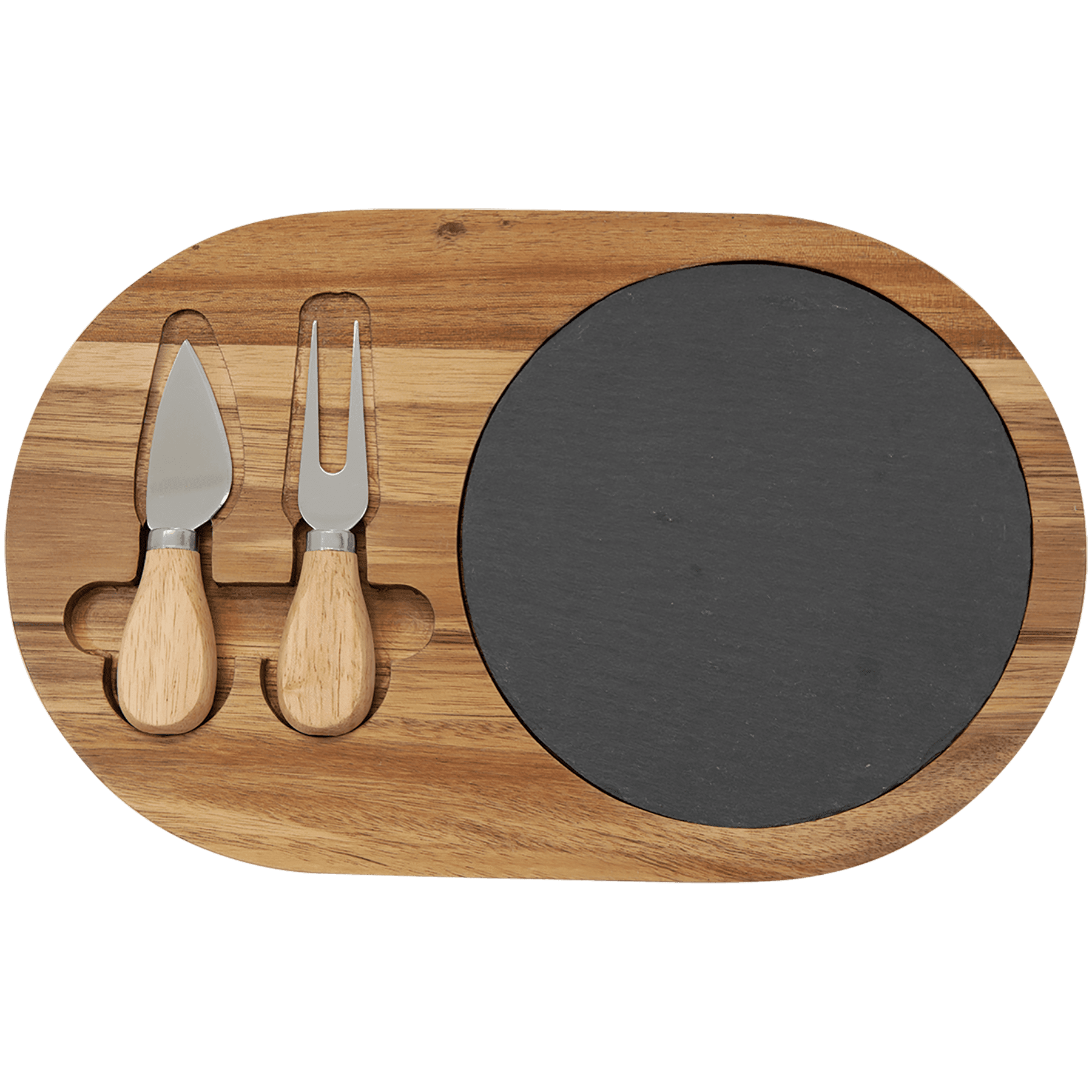 Personalized wooden cheese board featuring a slate section and accompanied by two cheese tools.
