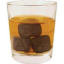 Glass of whiskey featuring three whiskey stones, designed to chill the drink without dilution, showcasing a rich amber color.