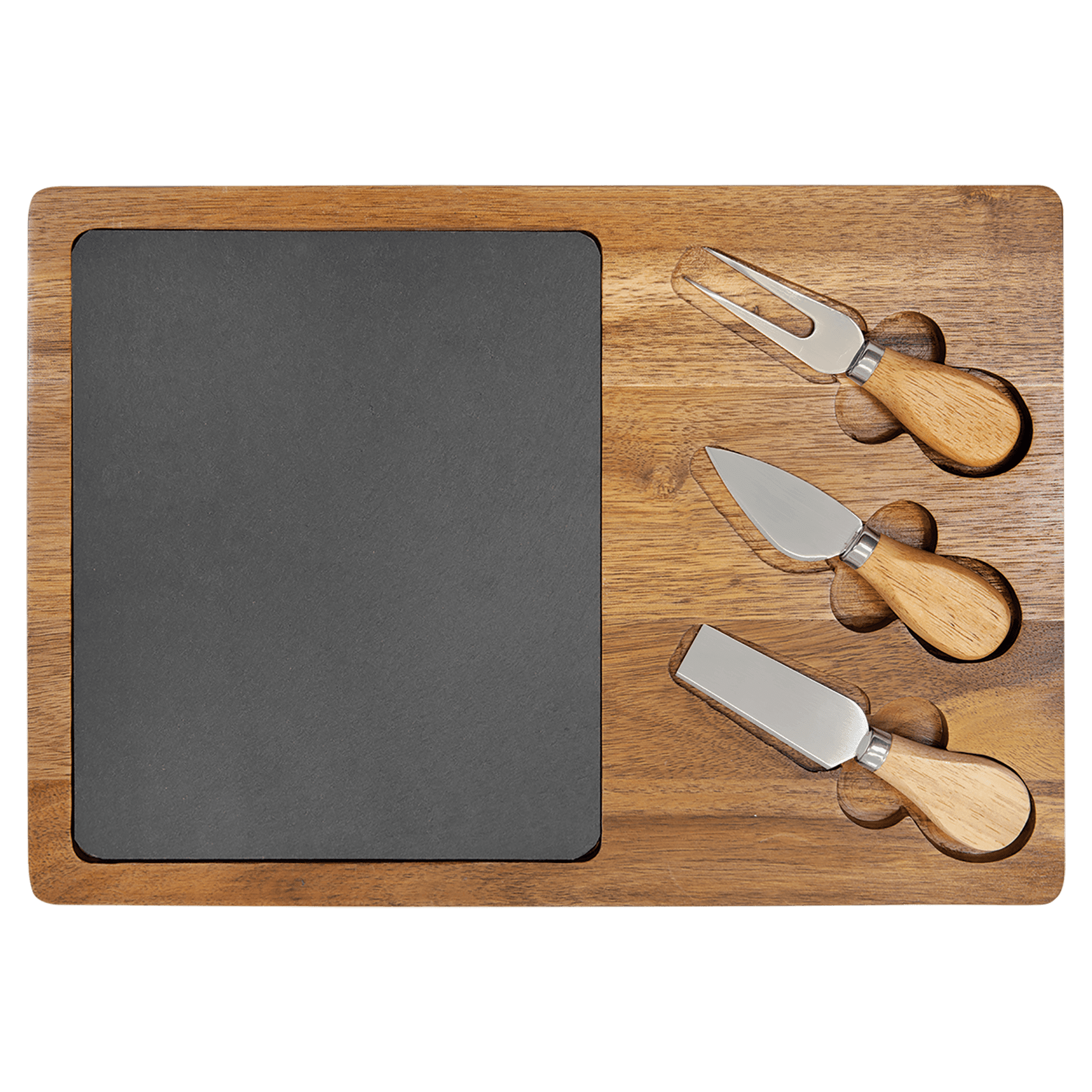 Personalized wooden cheese board featuring a slate accompanied by three cheese tools for serving.