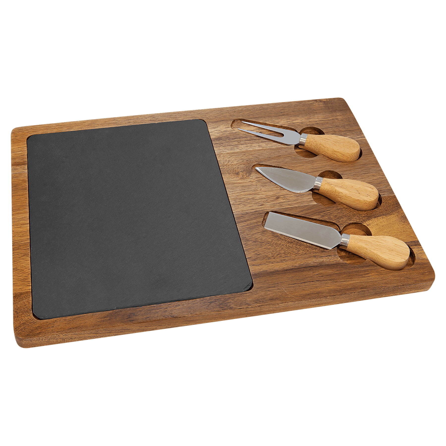 Personalized wooden cheese board featuring a slate accompanied by three cheese tools for serving.