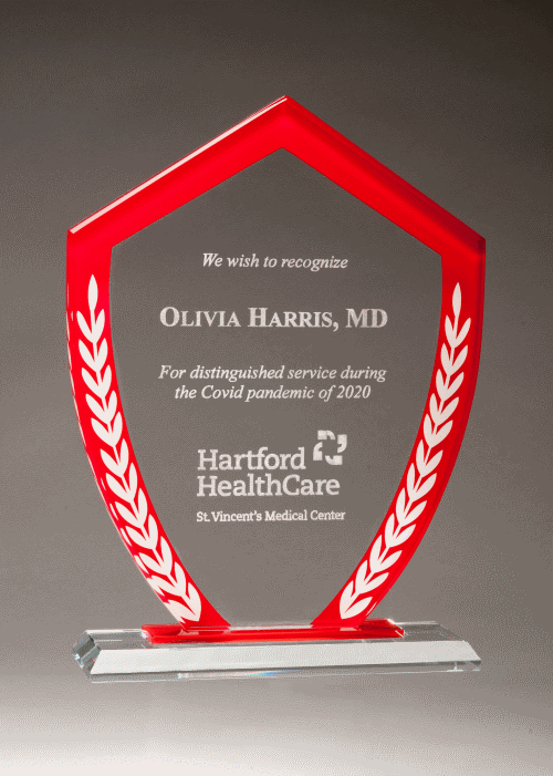 Shield Glass Award Blue Border with White Laurel Leaves