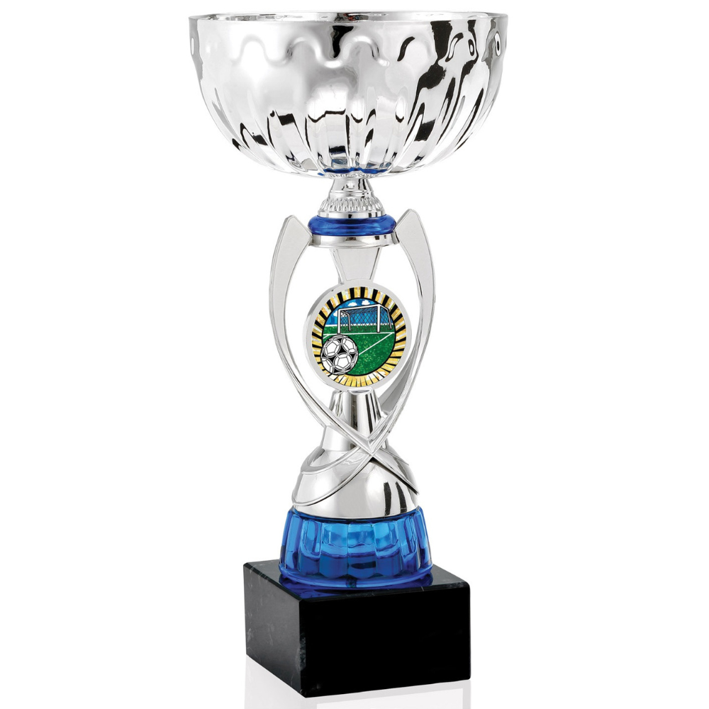 Silver Trophy Cup Award with Blue Accent