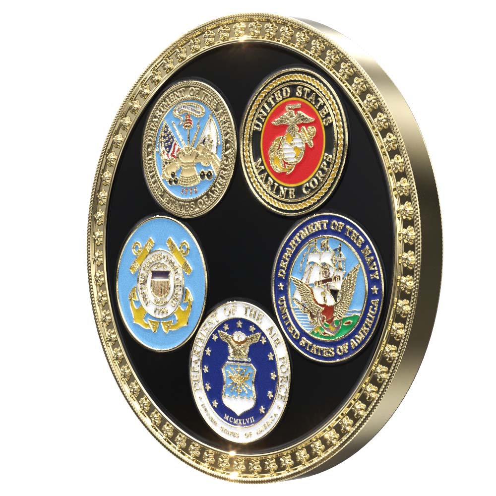 Decorative circular display featuring the five official emblems of the United States Armed Forces arranged on a black background with an ornate gold border. The emblems include: Department of the Army (top left), United States Marine Corps (top right), United States Coast Guard (bottom left), Department of the Navy (bottom right), and Department of the Air Force (bottom center). Each emblem showcases the distinctive colors, symbols, and founding years of its respective military branch.