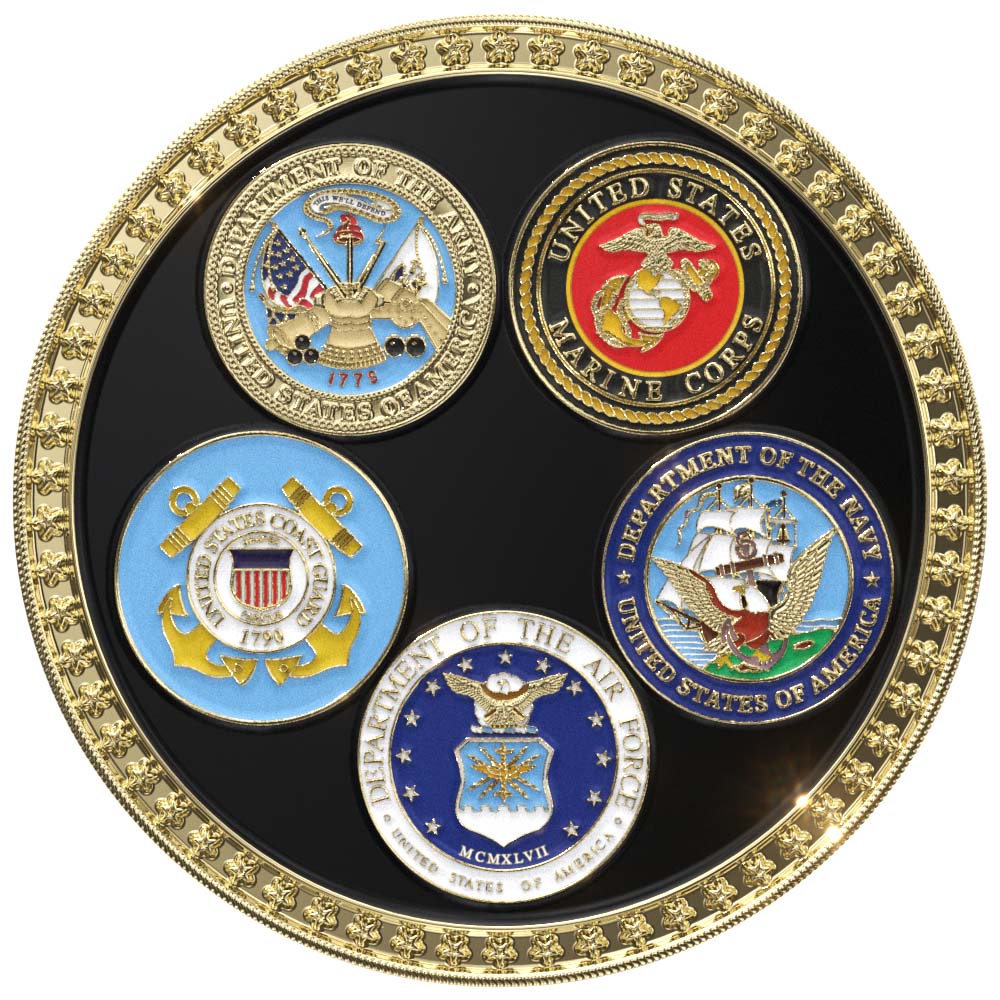Decorative circular display featuring the five official emblems of the United States Armed Forces arranged on a black background with an ornate gold border. The emblems include: Department of the Army (top left), United States Marine Corps (top right), United States Coast Guard (bottom left), Department of the Navy (bottom right), and Department of the Air Force (bottom center). Each emblem showcases the distinctive colors, symbols, and founding years of its respective military branch.