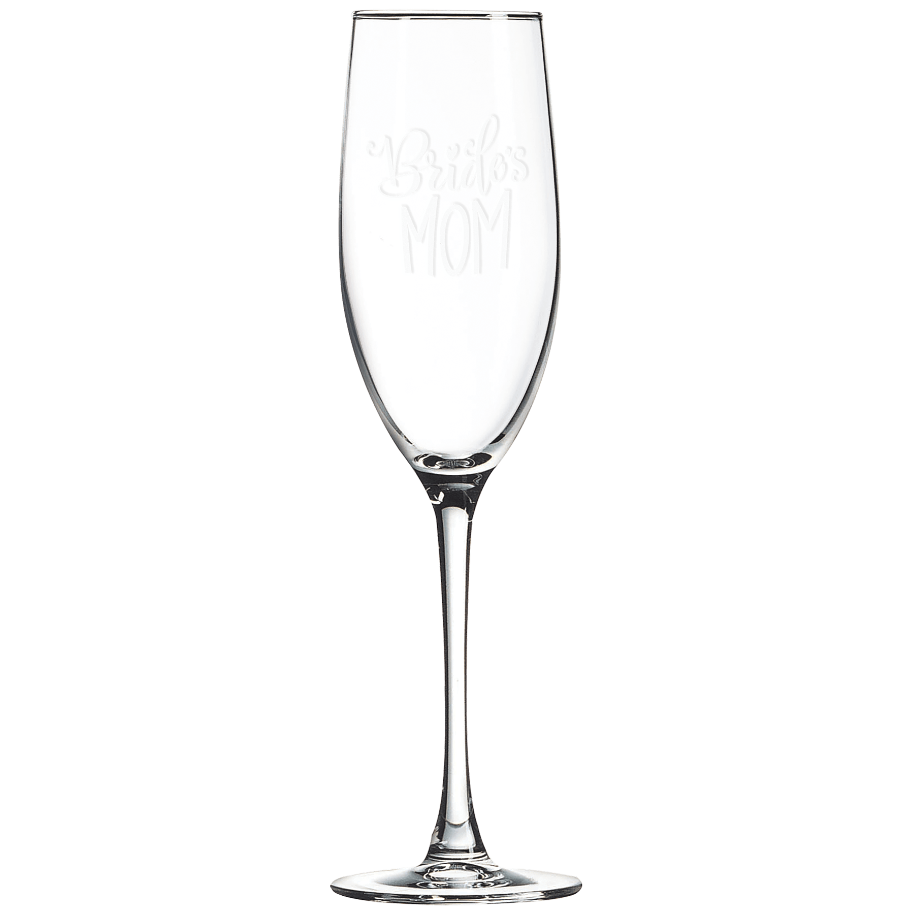 Elegant champagne flute engraved with "Bride's Mom," perfect for celebrating weddings and special occasions.