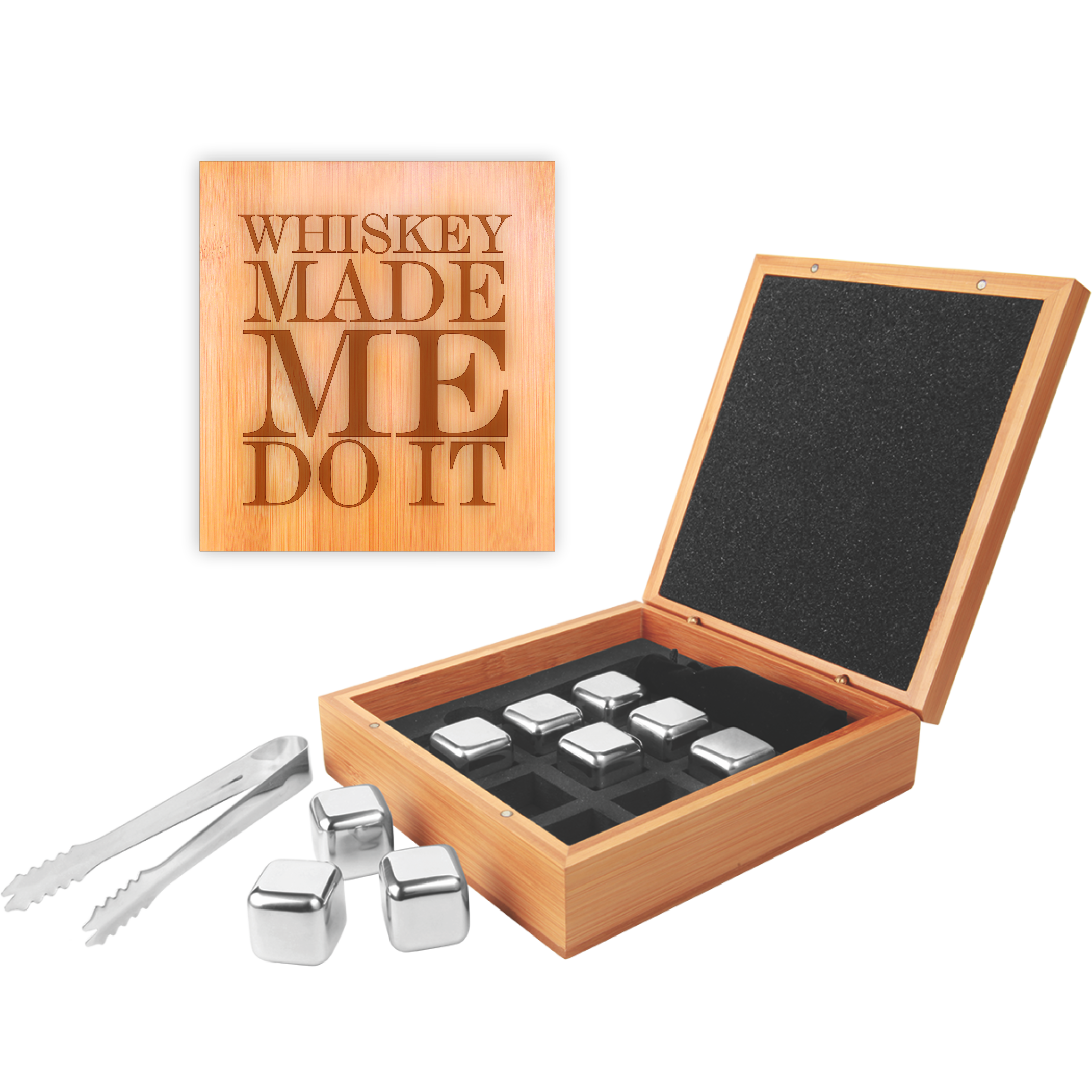 Engraved bamboo box containing whiskey stones, tongs, and a lid, featuring the phrase "Whiskey Made Me Do It," perfect for chilling drinks without dilution.
