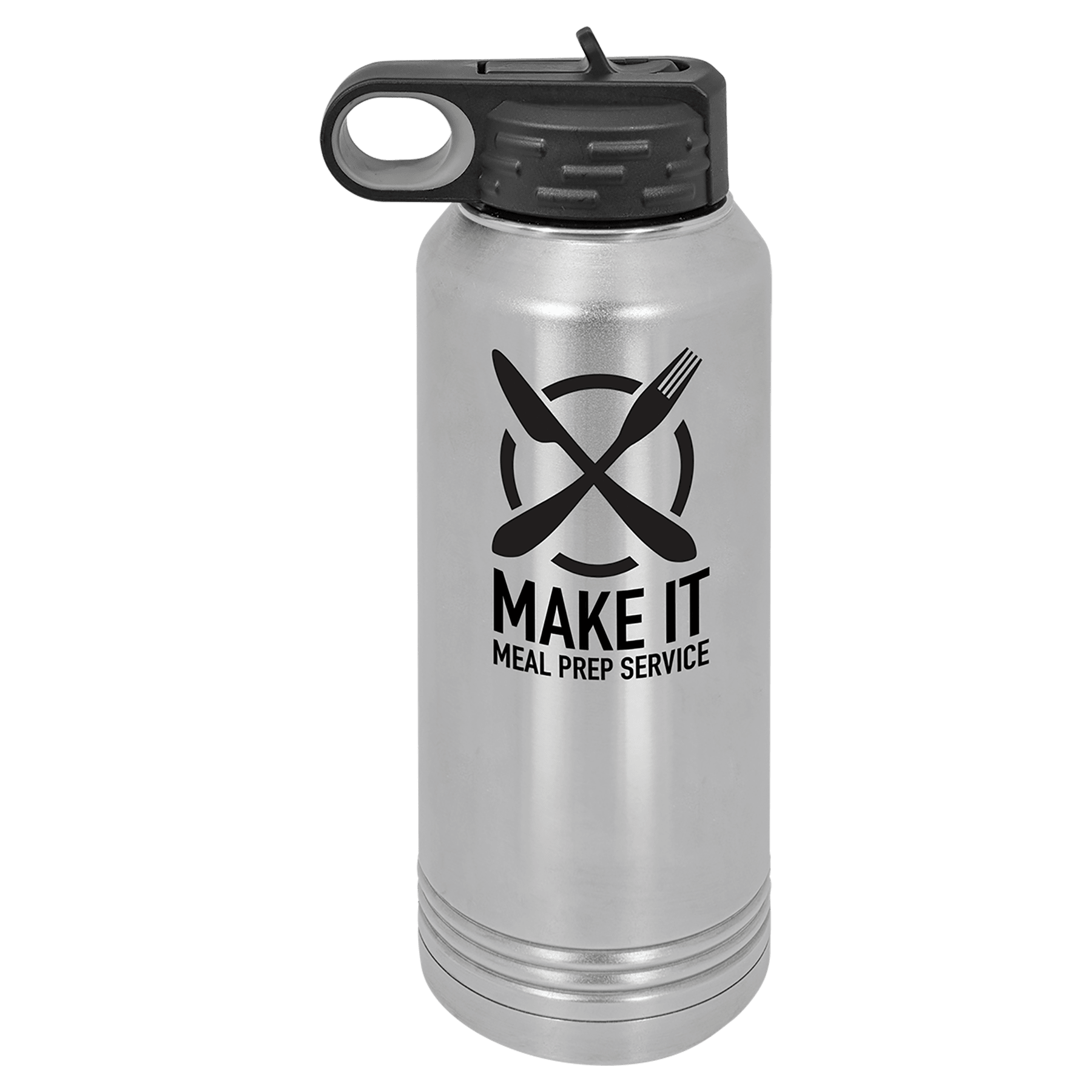 Insulated Silver Tumbler Bottle with custom text and logo