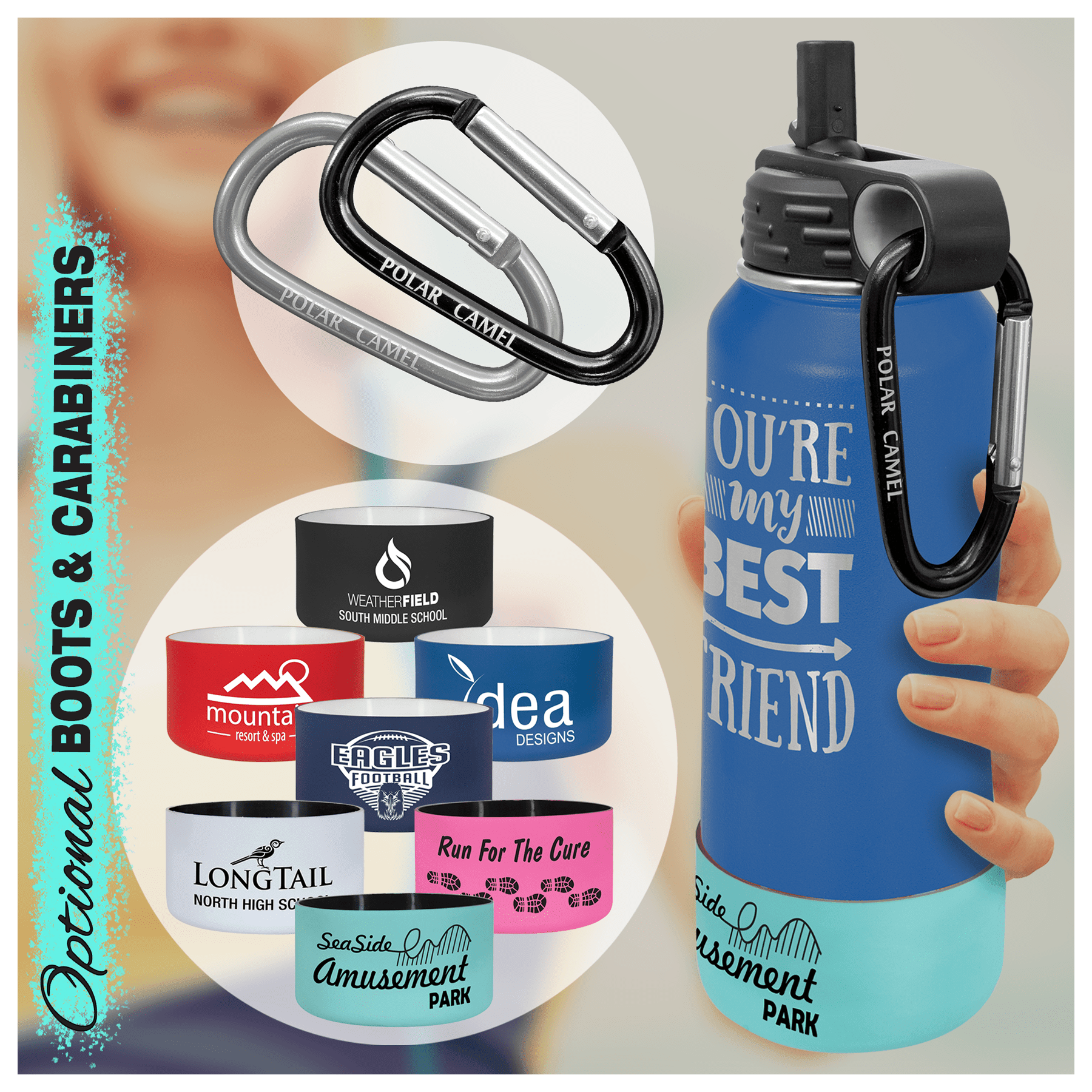 Optional Boots and Carabiners for Insulated Metal Water bottle 