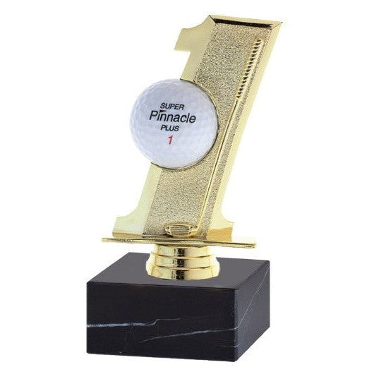 Gold trophy shaped like the number one, featuring a Pinnacle golf ball, mounted on a black marble base, perfect for golf tournaments and awards.