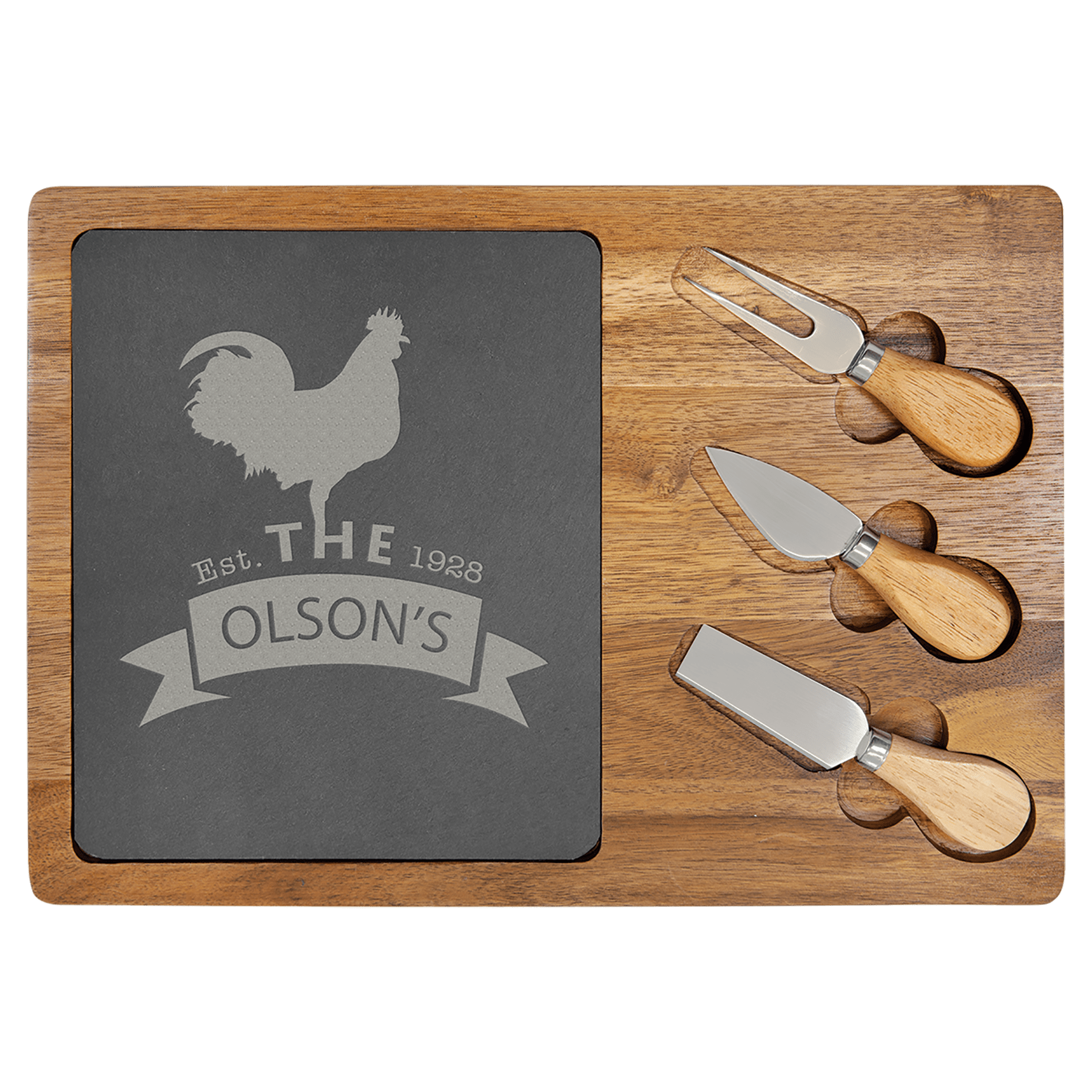 Personalized wooden cheese board featuring a slate engraving with "The Olson's Est. 1928" and a rooster design, accompanied by three cheese tools for serving.
