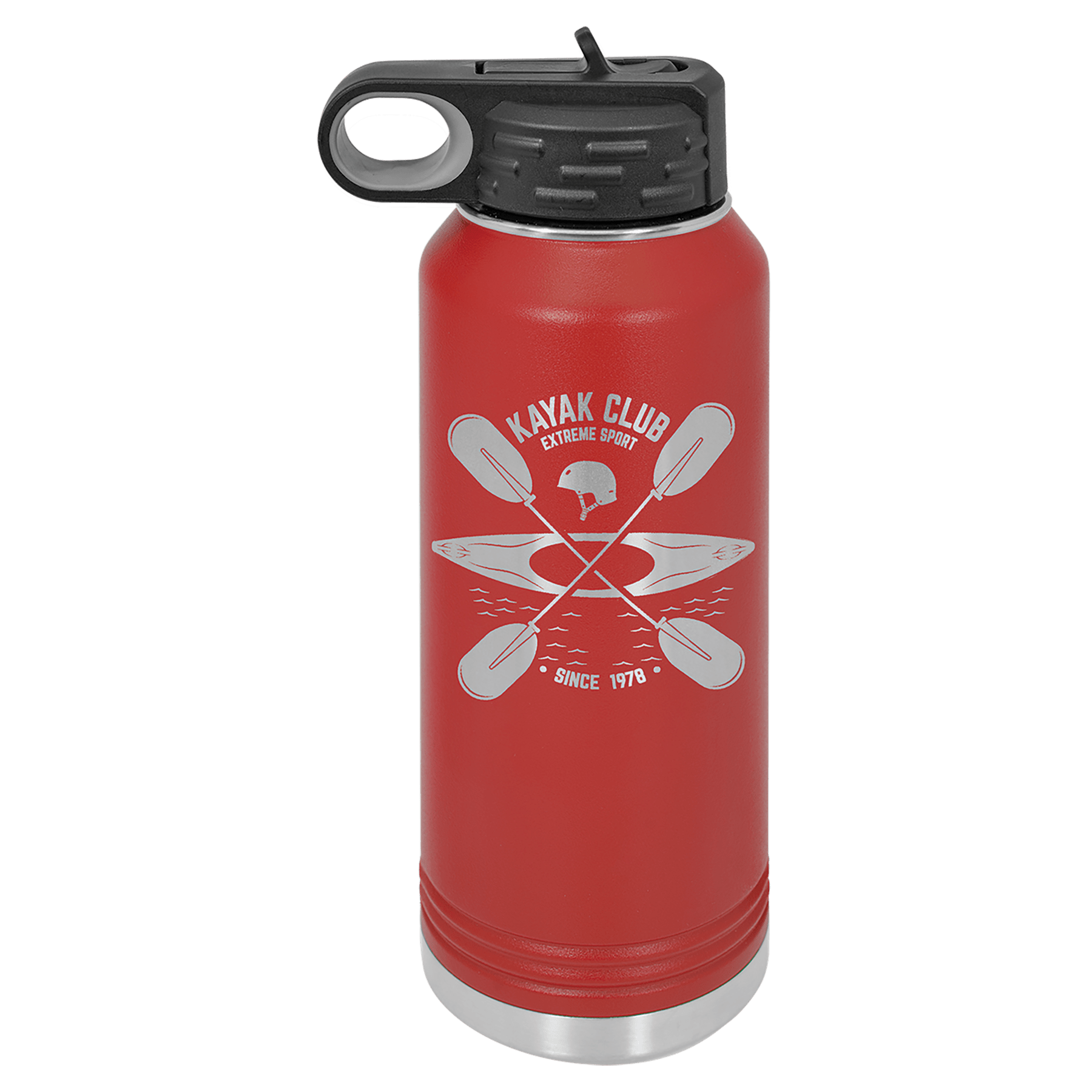 Red Insulated Water Bottle with custom text and logo