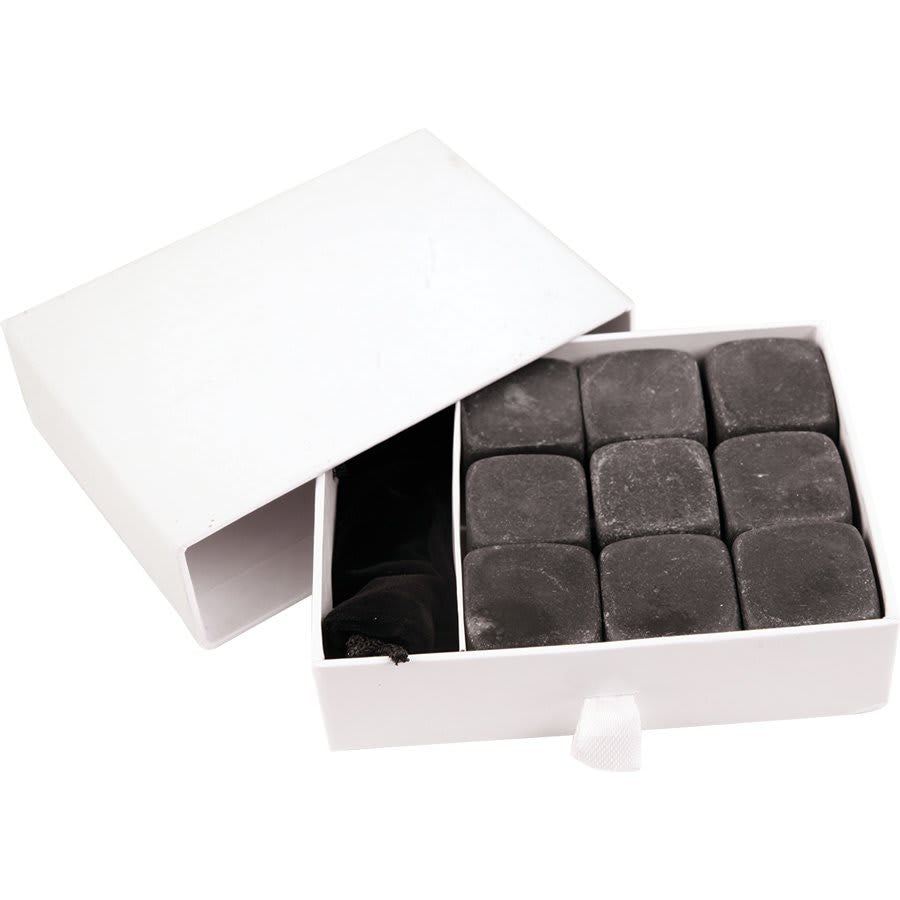 Set of nine whiskey stones in a white gift box, designed to chill drinks without dilution, ideal for whiskey enthusiasts.